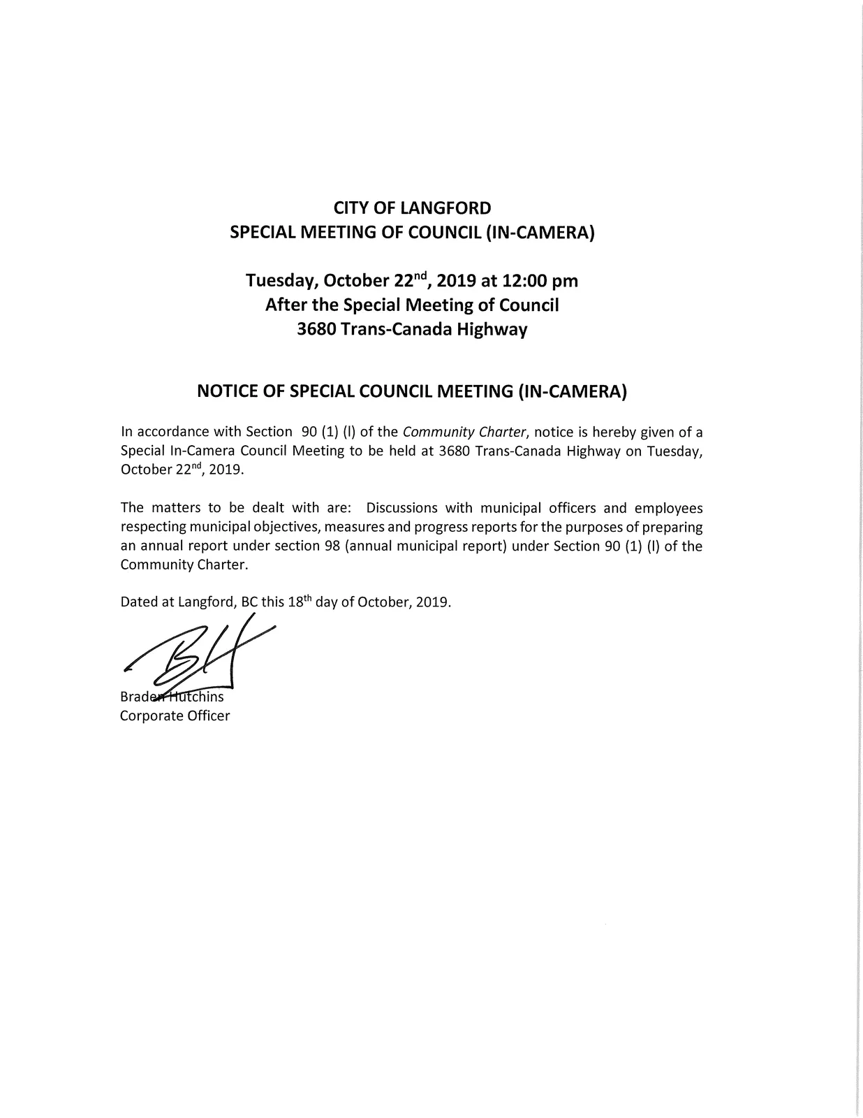 Notice of Special Council Meeting (In-Camera) page