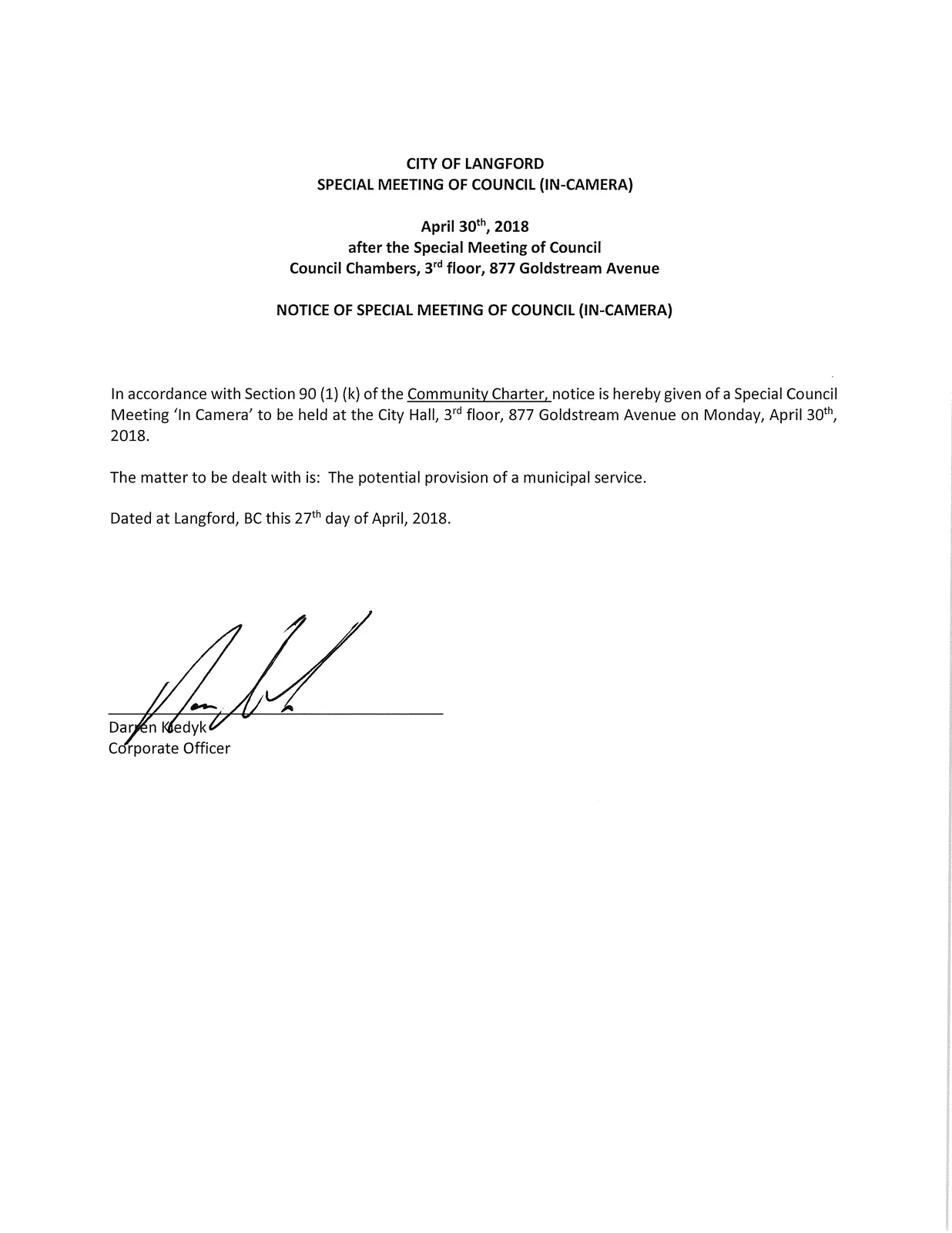 Notice of Special Meeting of Council (In-Camera) page