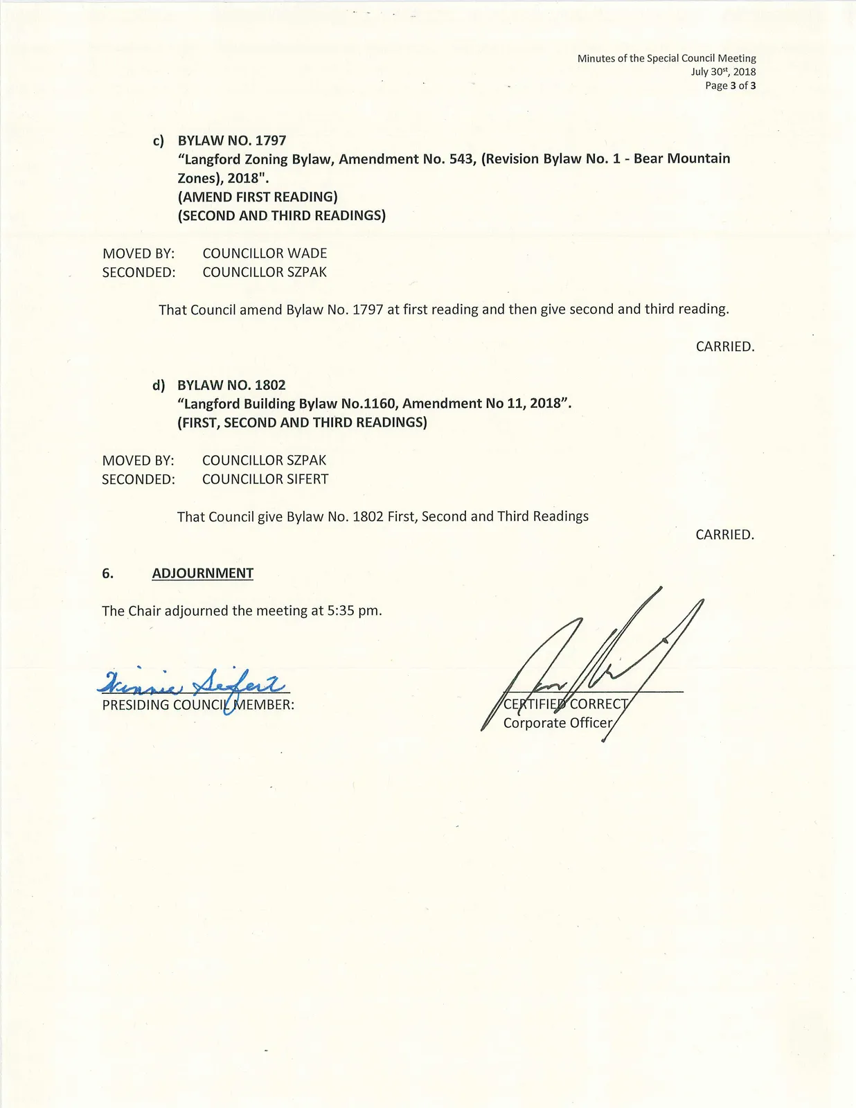 Adjournment and closing section of the minutes