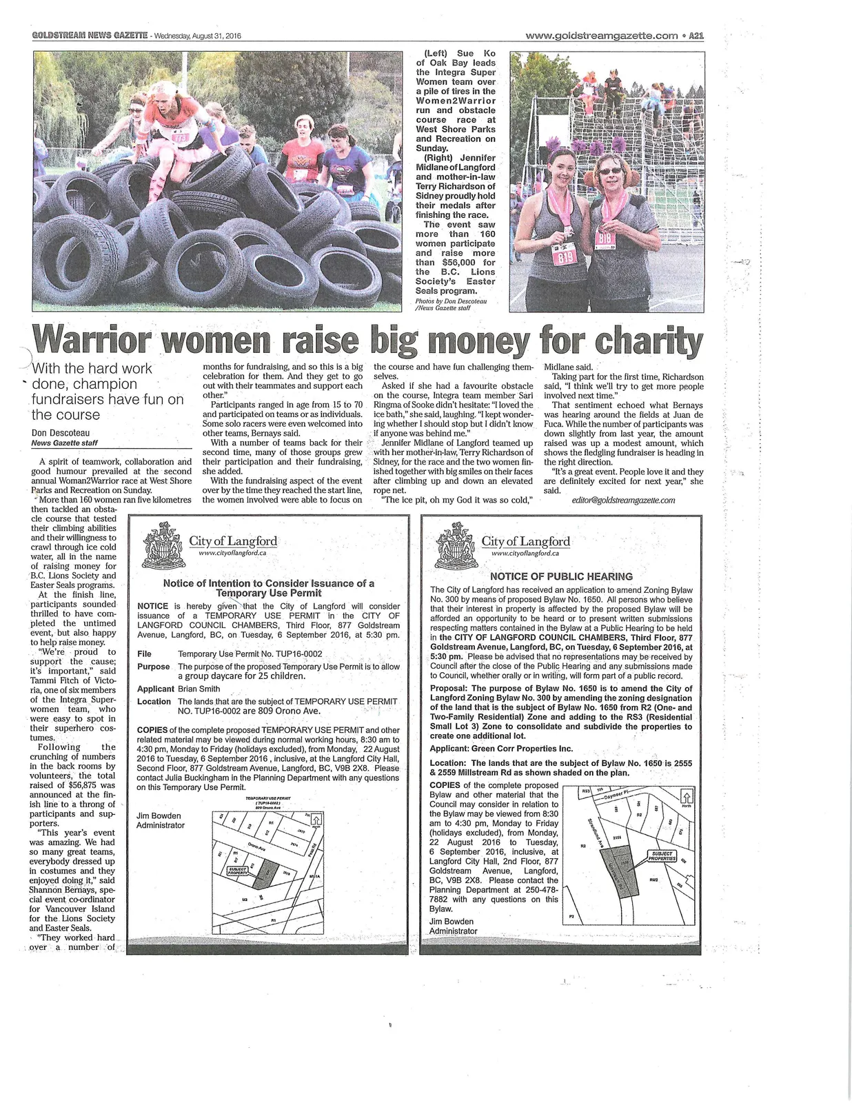 Photos from Woman2Warrior race — (Left) Sue Ka of Oak Bay leads the Integra Super Women team over a pile of tires; (Right) Jennifer Midlane of Langford and mother-in-law Terry Richardson of Sidney proudly hold their medals after finishing the race.