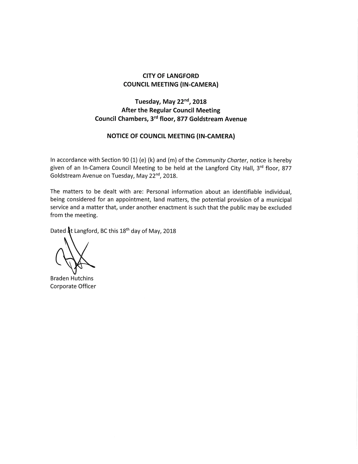 Notice of Council Meeting (In-Camera) — scanned page