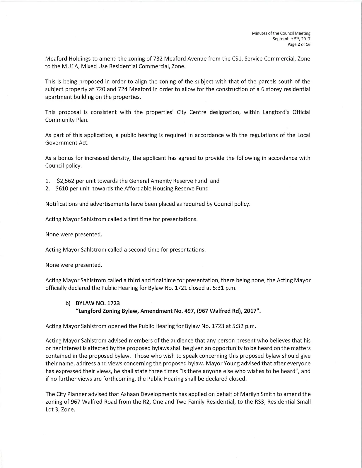 Scan of page 2 (Public Hearing — Bylaw No. 1721 details)
