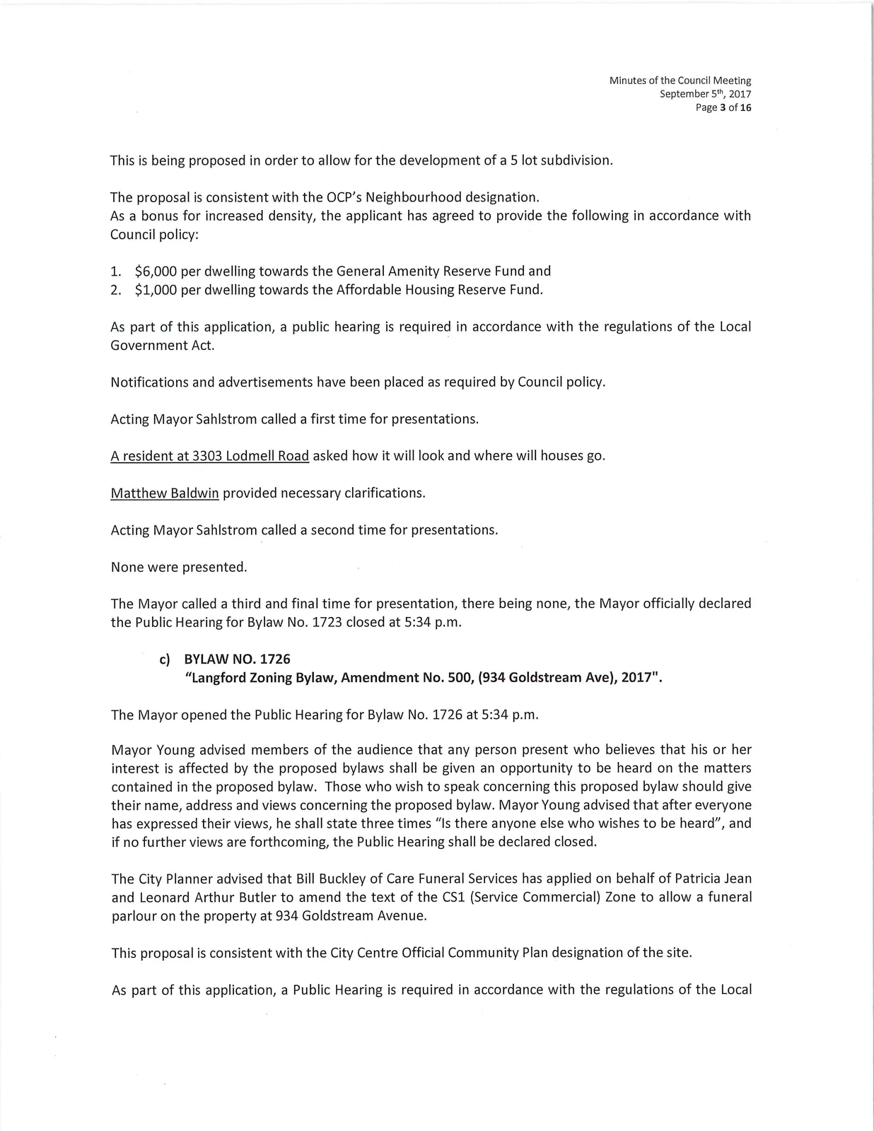 Scan of page 3 (Public Hearing — Bylaw No. 1723 and start of Bylaw No. 1726)