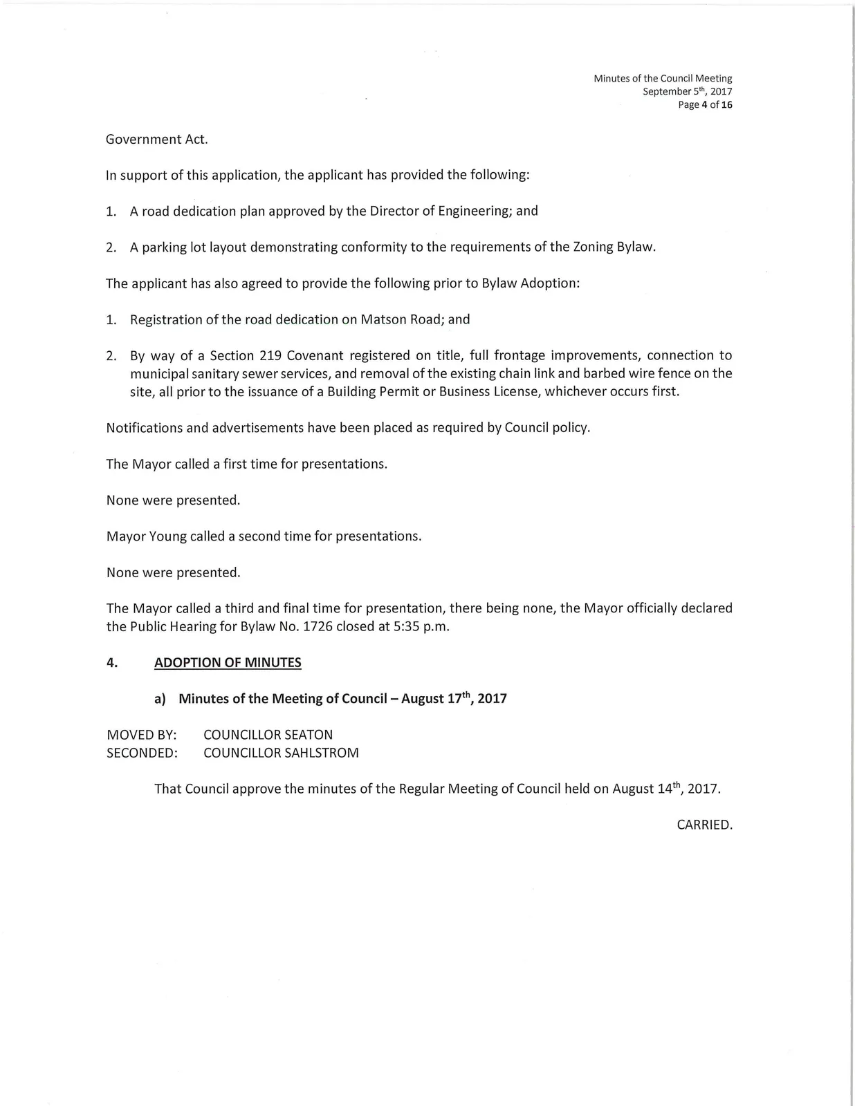Scan of page 4 (Public Hearing — Bylaw No. 1726 and Adoption of minutes item)