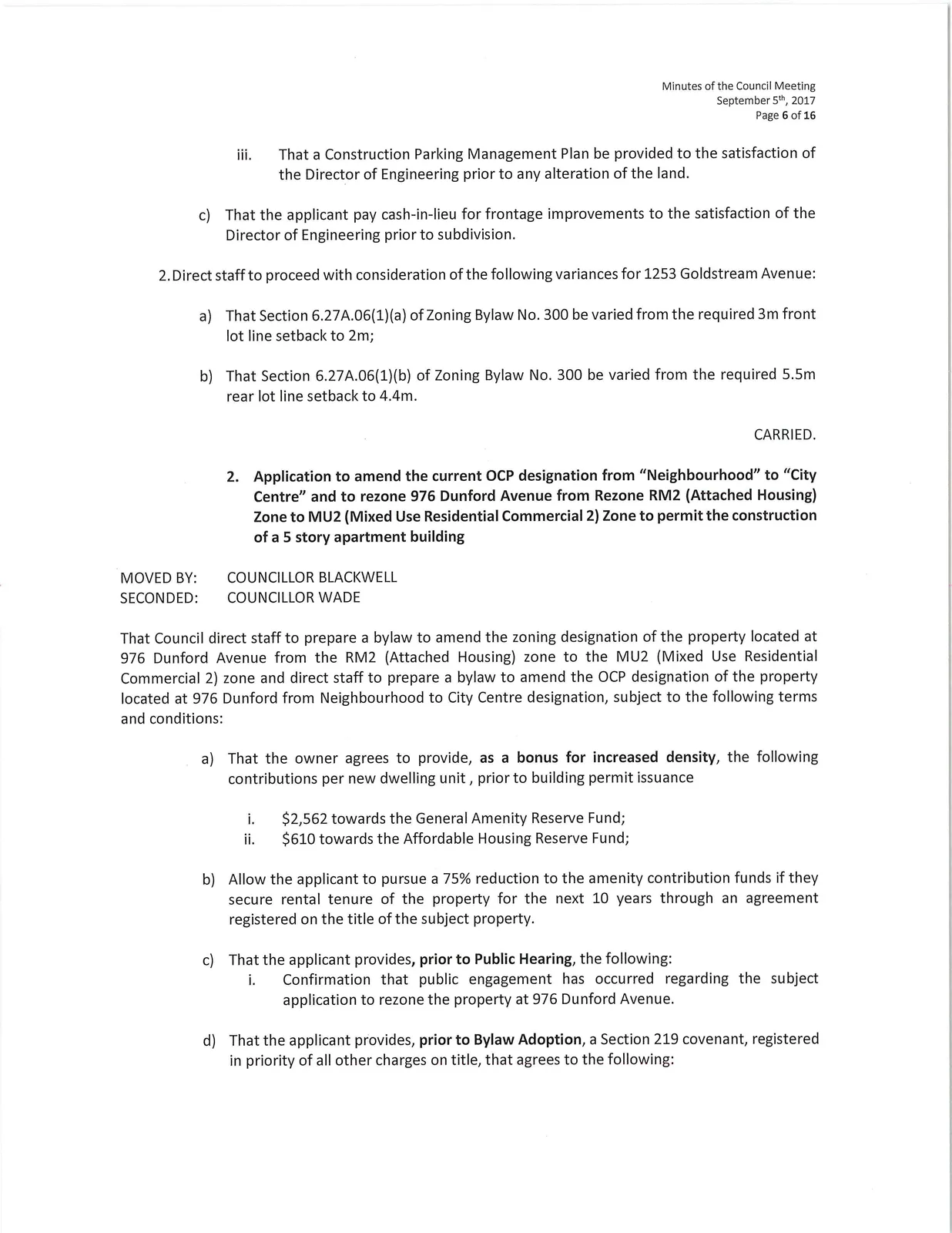 Scan of page 6 (Committee resolutions — 1253 Goldstream Ave and 976 Dunford Ave rezoning)
