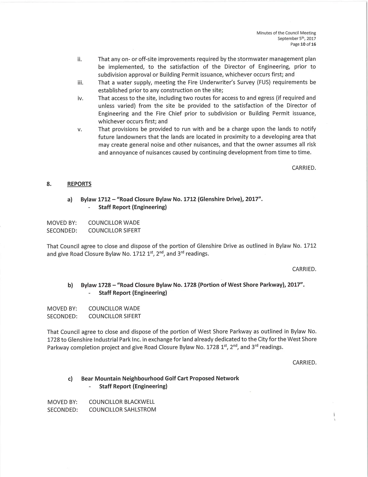 Scan of page 10 (Reports — Bylaw 1712, 1728 and Bear Mountain golf cart network)