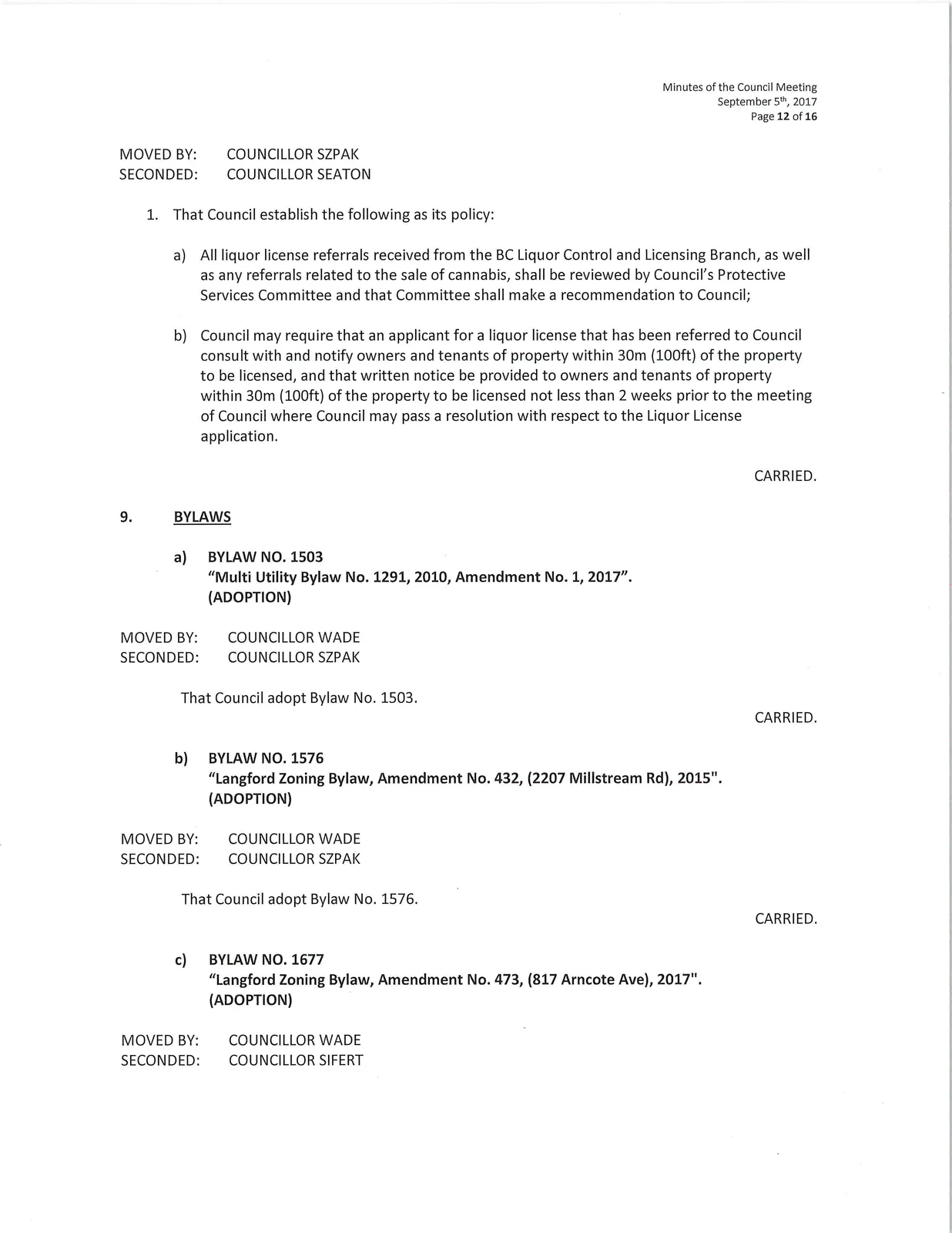 Scan of page 12 (Bylaws 1503–1729 listings and motions)