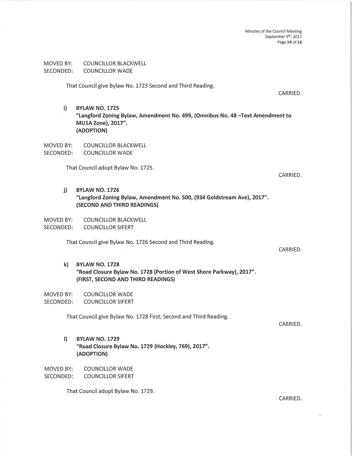 Scan of page 14 (Continuation of bylaws list and motions)