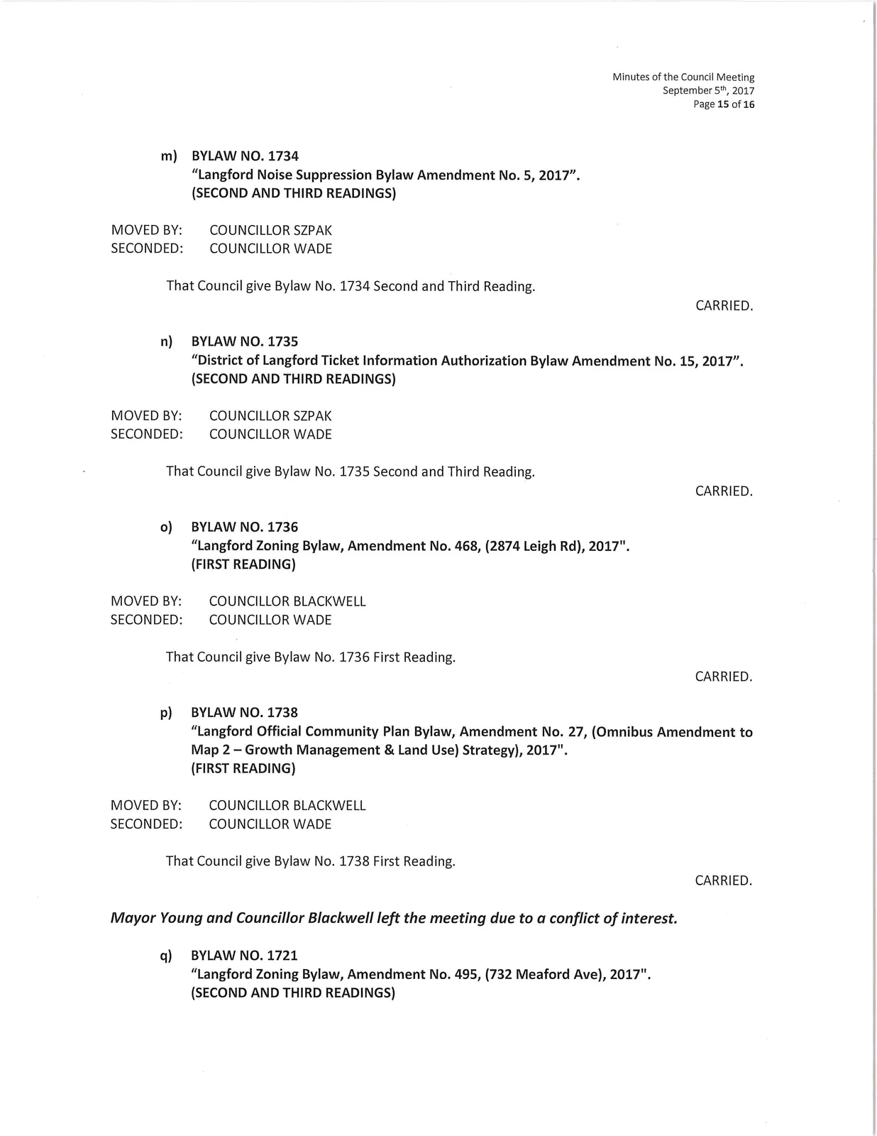 Scan of page 15 (Bylaws 1734–1738 and conflict of interest note)