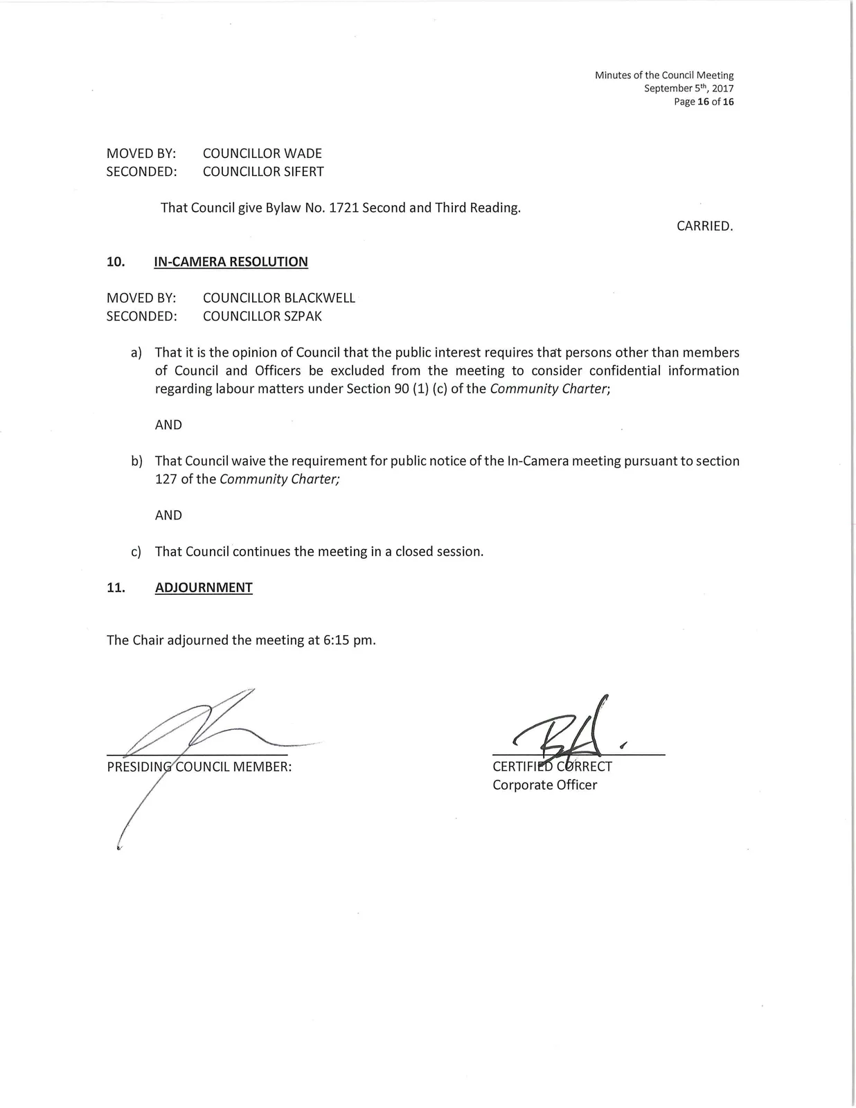 Scan of page 16 (Final motions, In-Camera resolution, adjournment)