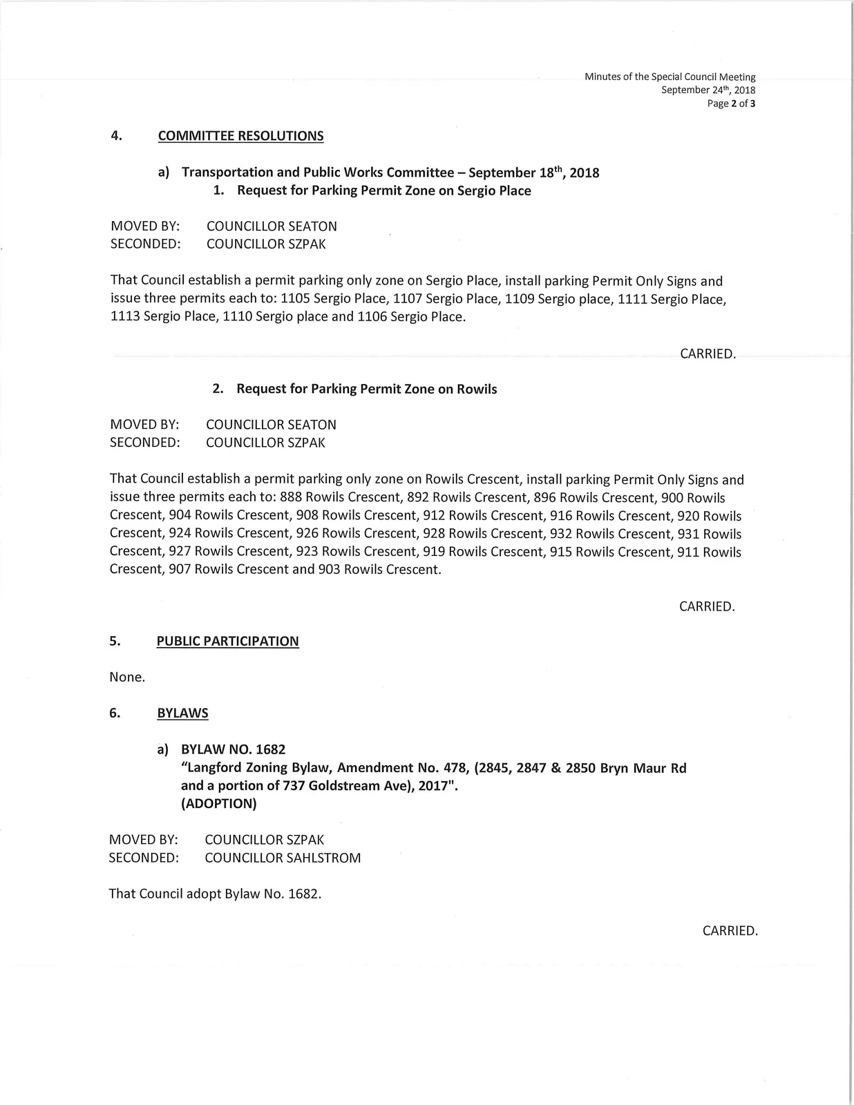 Committee resolutions — Transportation and Public Works Committee items (parking permit zones)