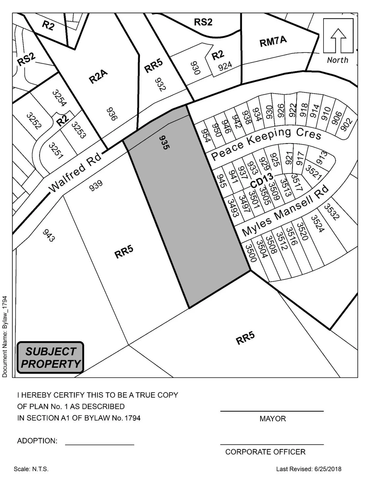 Ortho photograph showing new subdivisions, zoning and addressing of what was previously 931, 927 and 923 Walfred Road