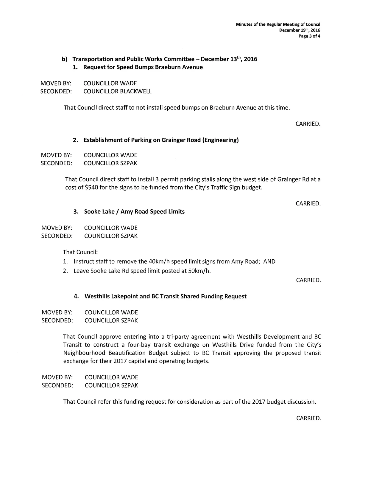 Page 3 scan of the minutes (committee resolutions — Administration & Finance; Transportation & Public Works)