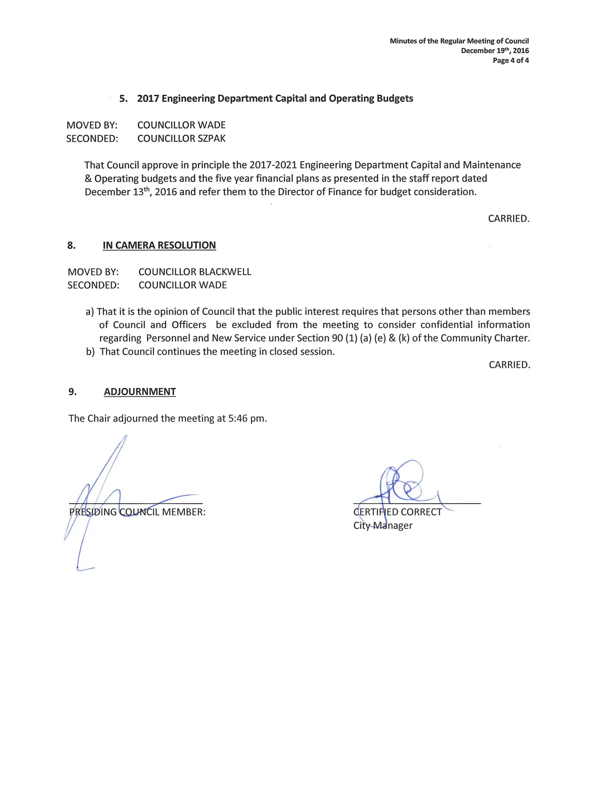 Page 4 scan of the minutes (continued committee resolutions; in camera resolution; adjournment)