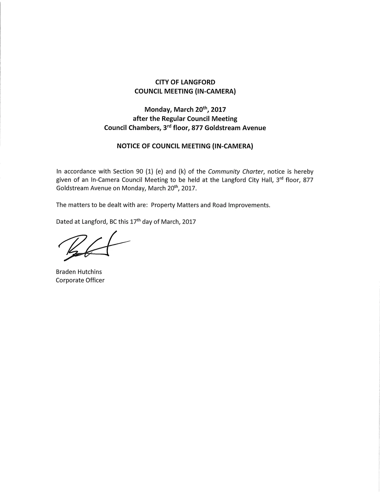 Scan of the Notice of Council Meeting (In-Camera)