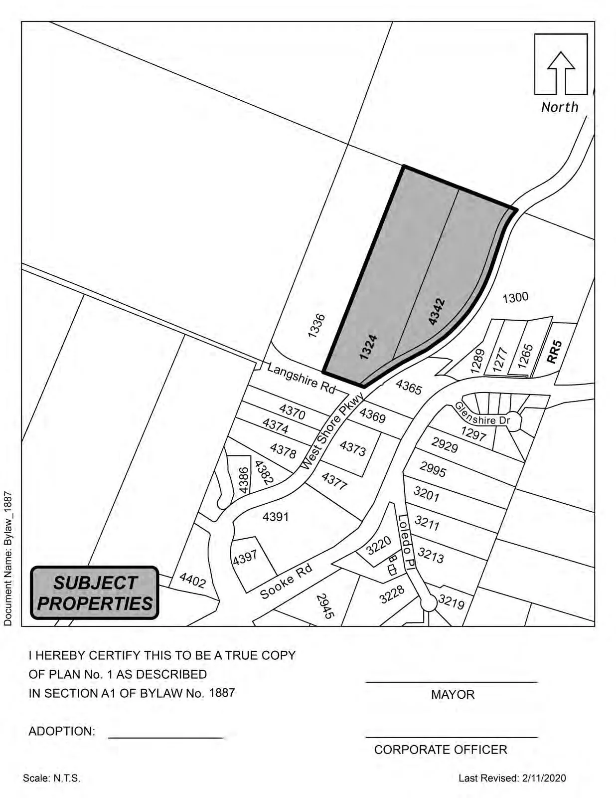 Plan No. 1 (shaded area indicating the properties referenced in the Bylaw)