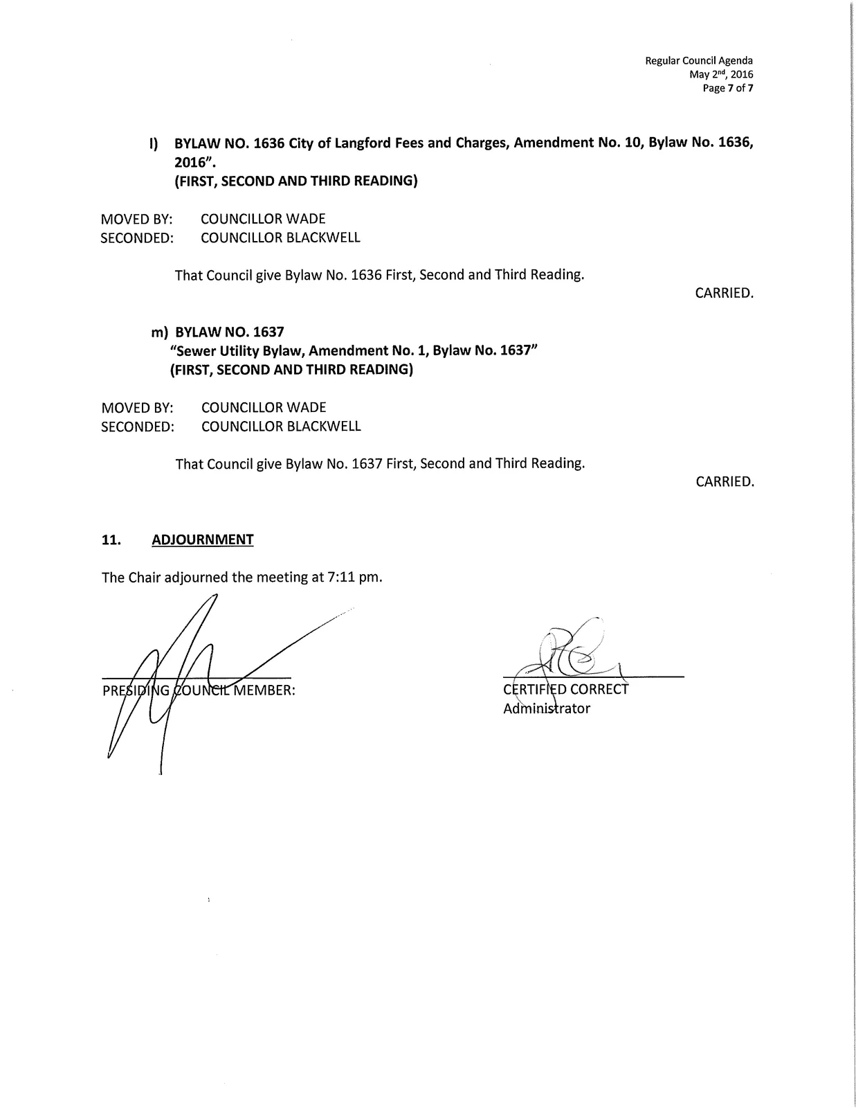 Page 7 — Bylaws (1636, 1637) and adjournment