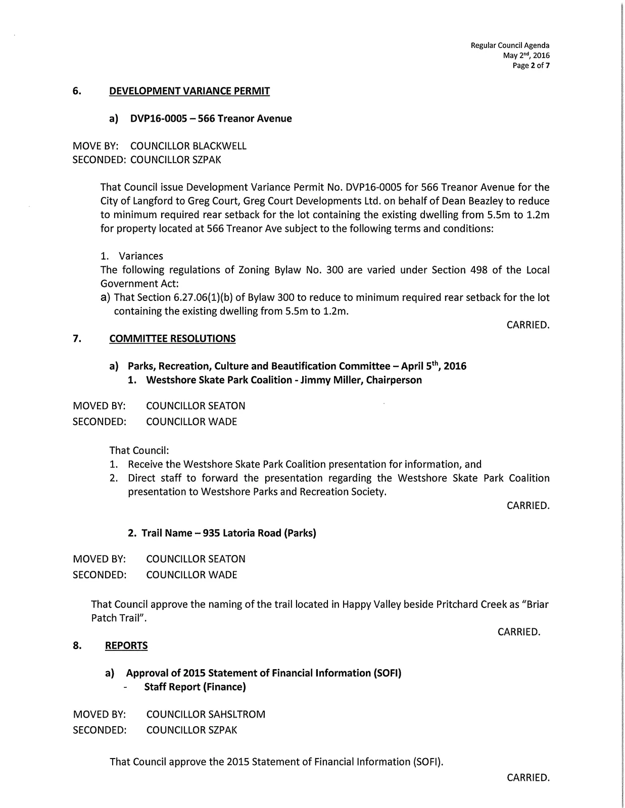 Page 2 — Development Variance Permit and Committee Resolutions