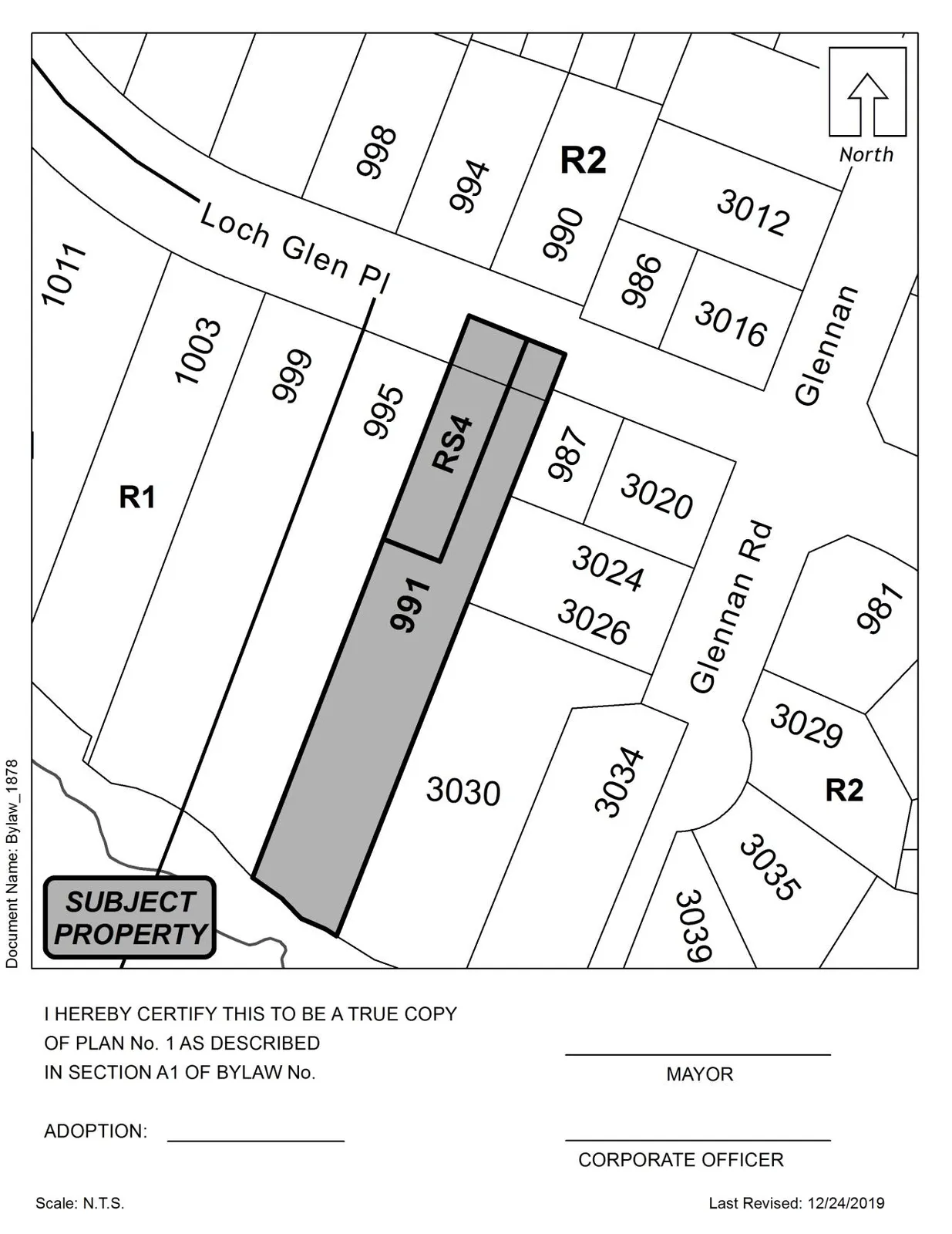Plan No. 1 showing shaded portions of the property at 991 Loch Glen Pl referenced in the Bylaw